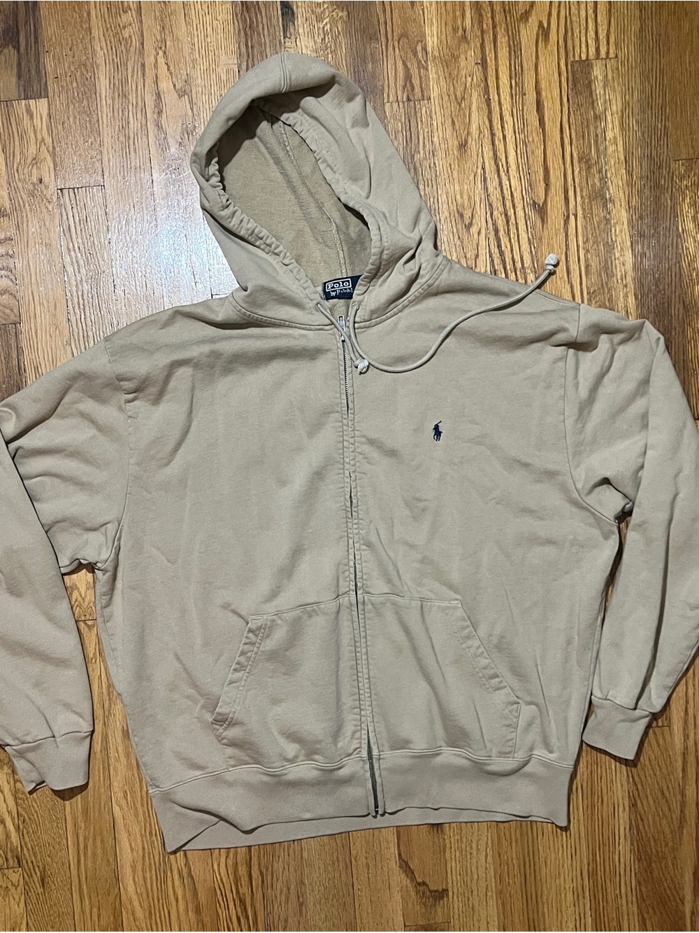 VTG Y2K Polo Ralph Lauren Men's L Regular Beige Full Zip Knit Cotton Hoodie Logo